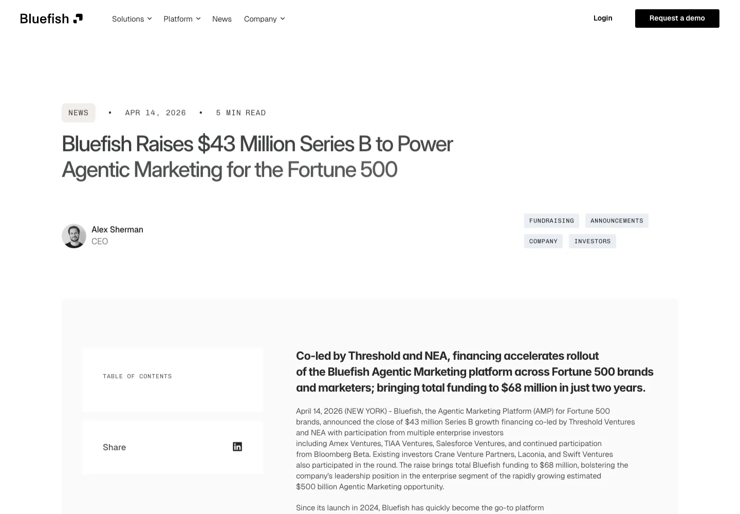 Bluefish AI official announcement of its $43 million Series B