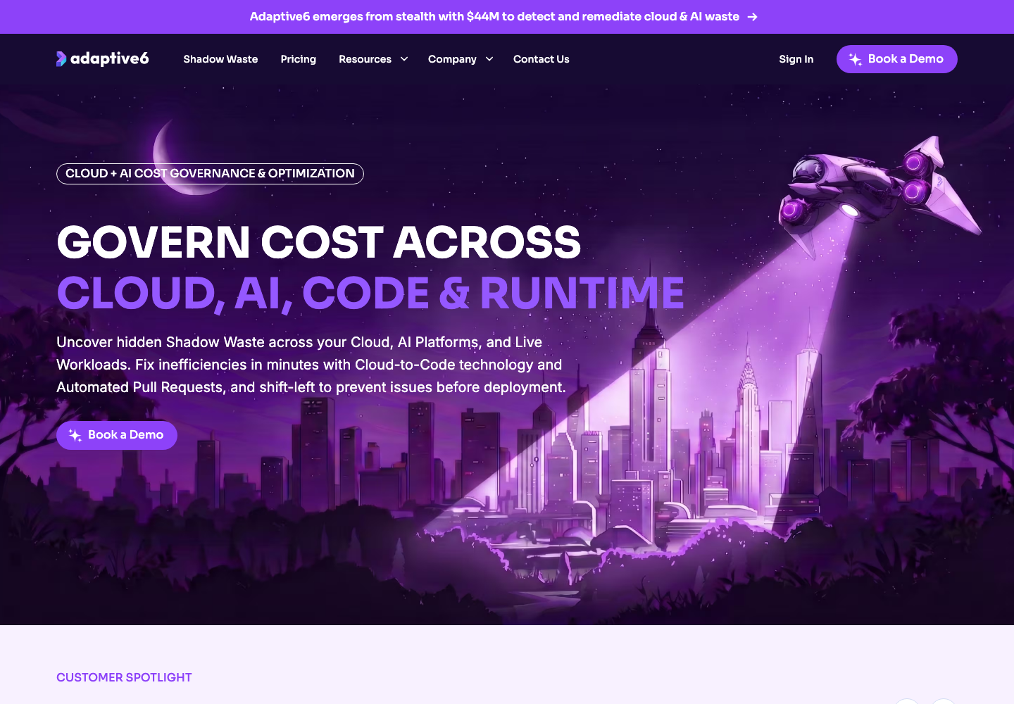 Adaptive6 homepage presenting cloud cost governance