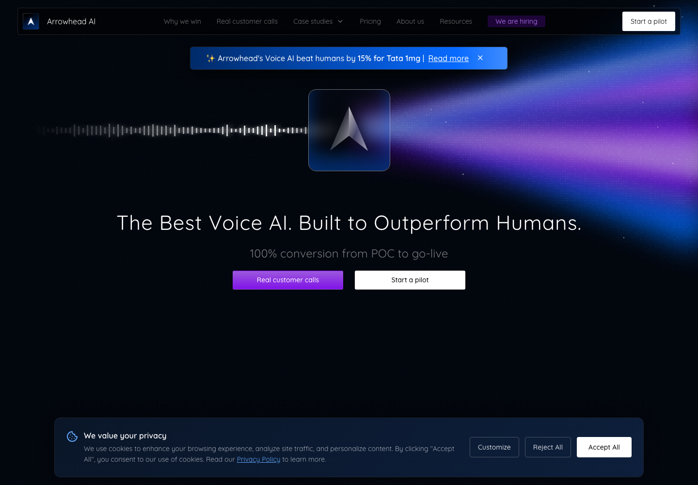 Arrowhead AI homepage presenting voice agents for customer conversations