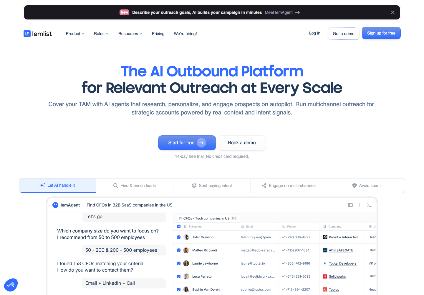 Lemlist official product page showing its cold email outreach platforms proposition