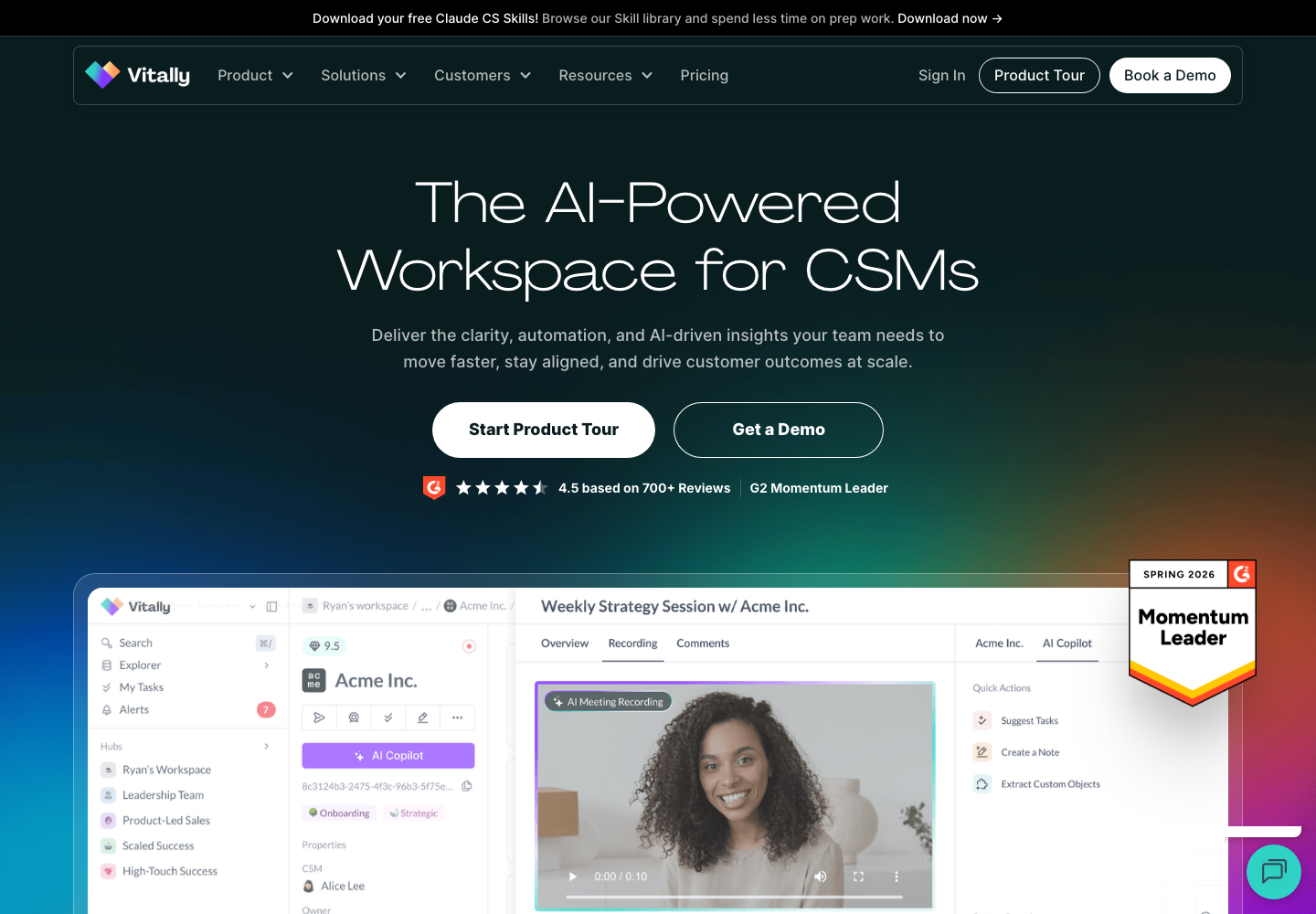 Vitally official product page showing its customer success platforms proposition