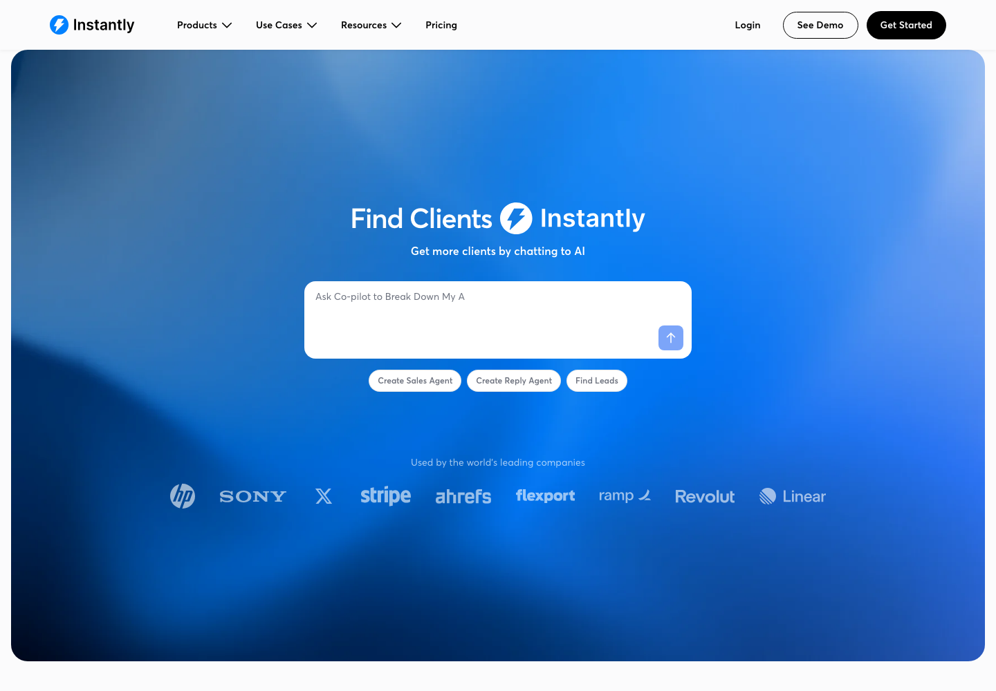 Instantly official product page showing its sales intelligence and outreach platforms proposition