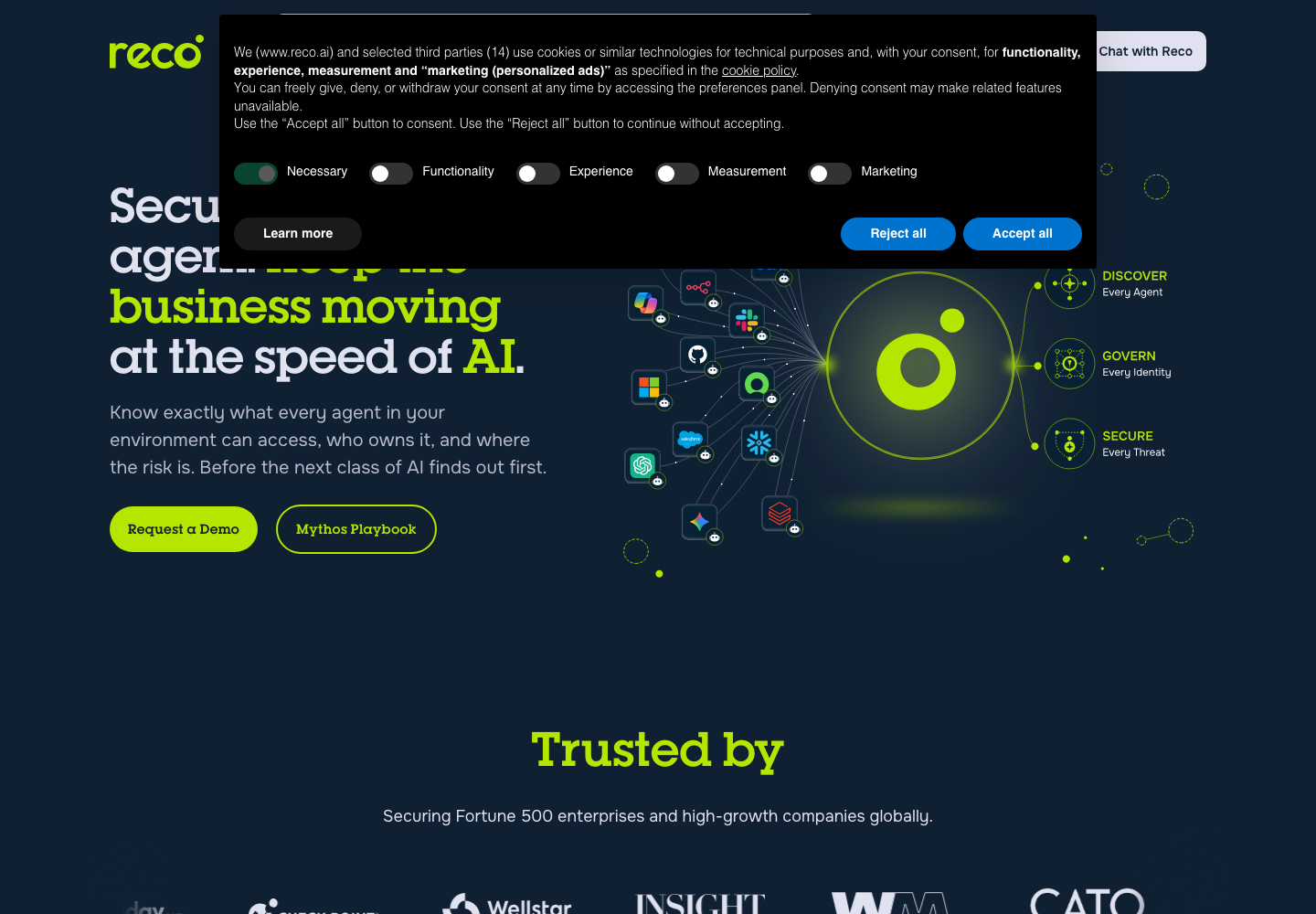 Reco homepage presenting AI and SaaS security
