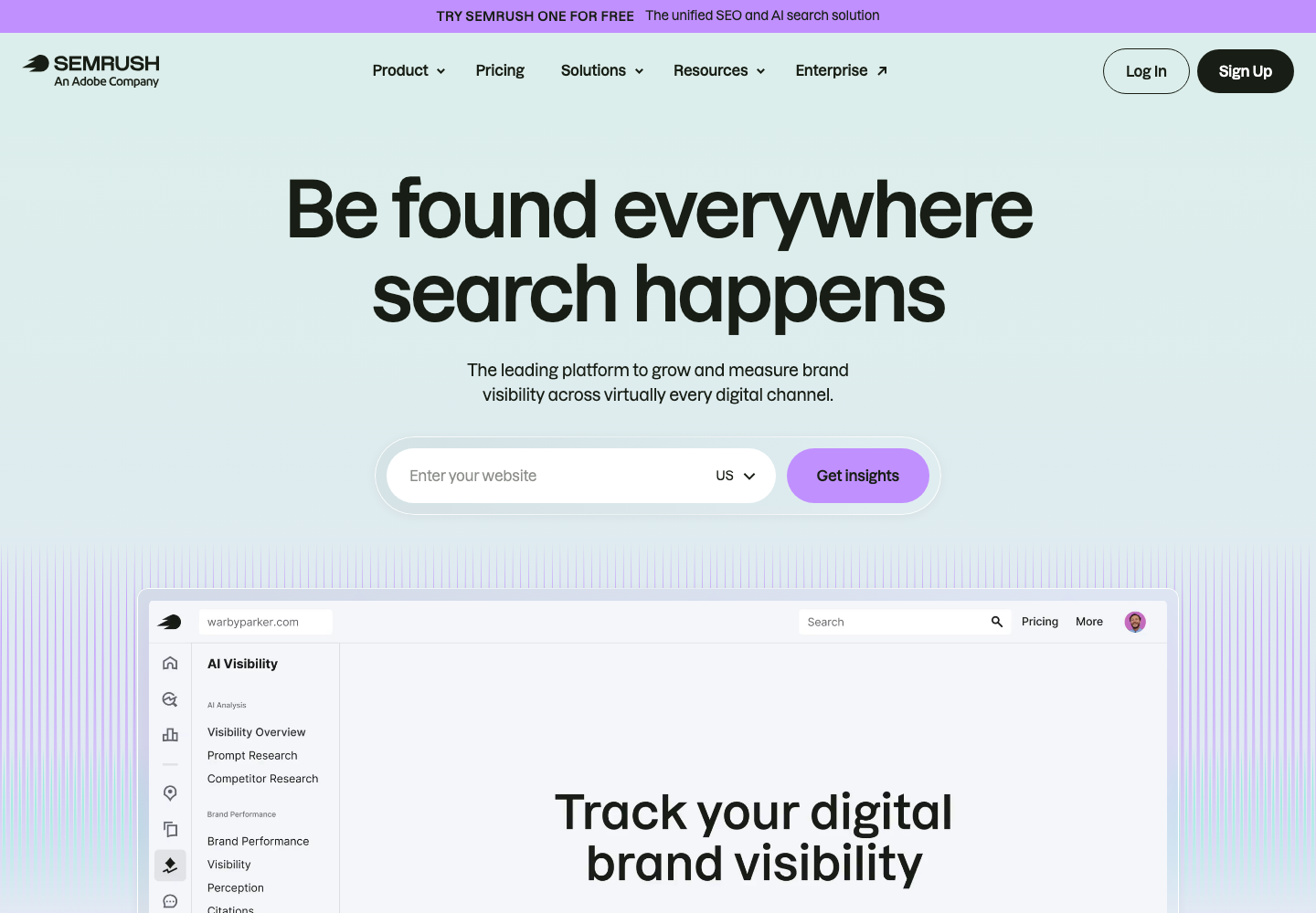 Semrush official product page showing its SEO platforms proposition
