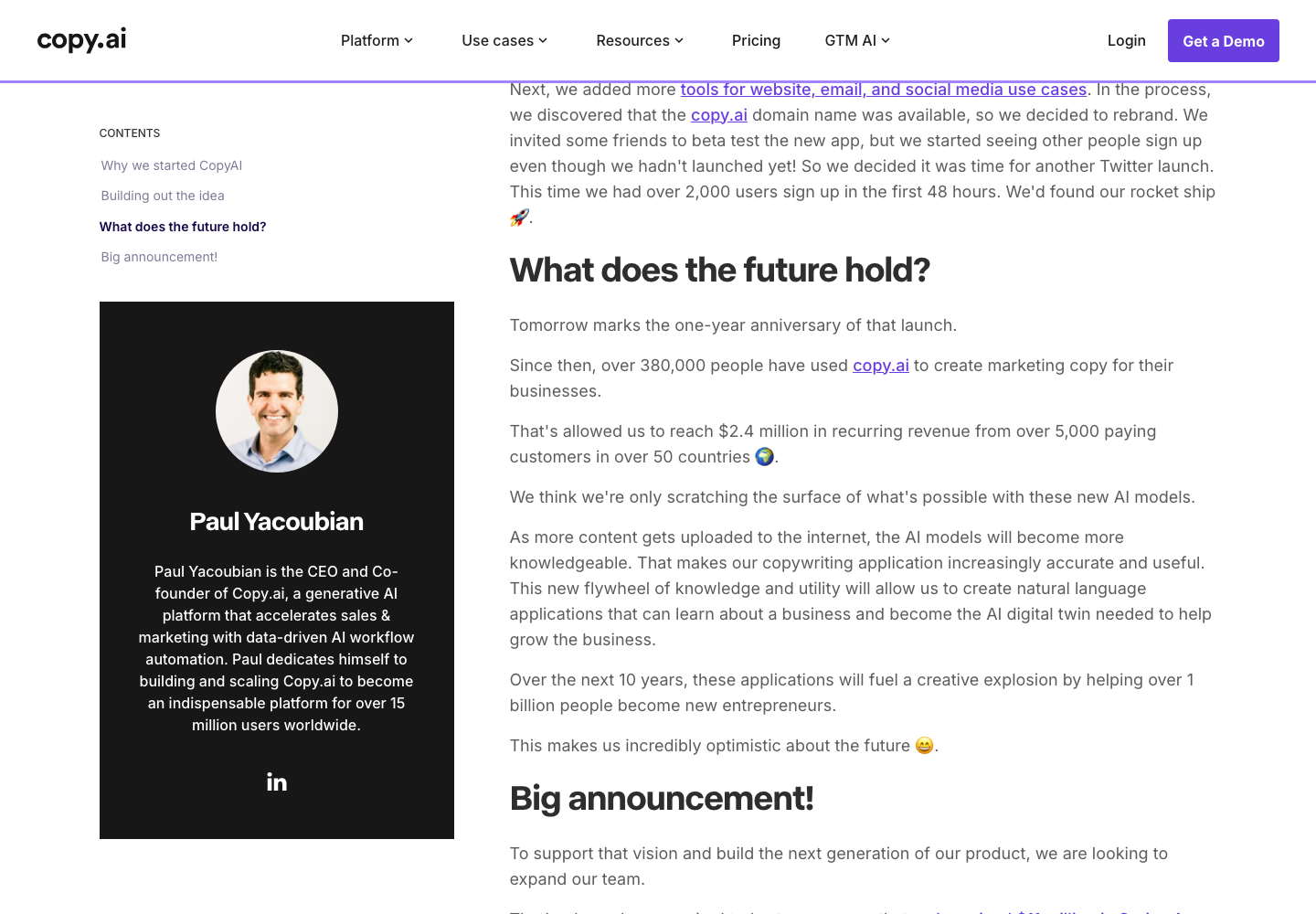 Copy.ai founder profile presentation
