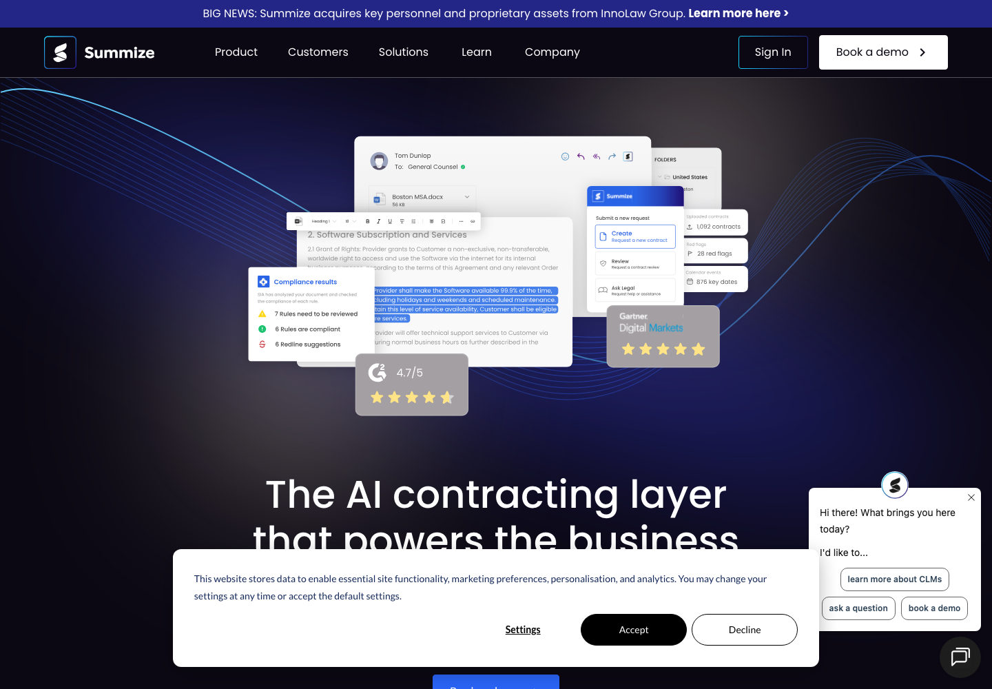Summize homepage presenting its AI contract lifecycle management platform