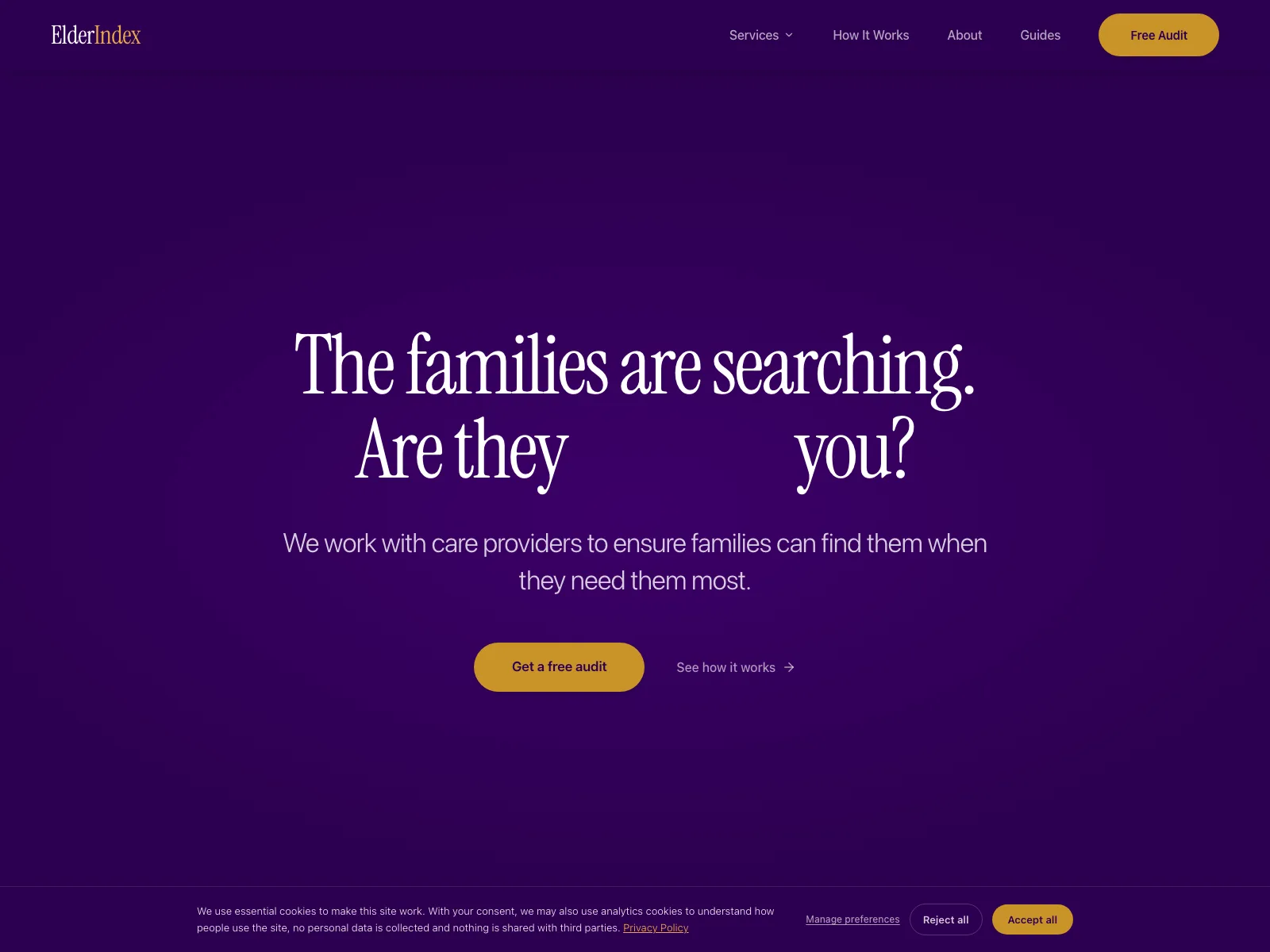 ElderIndex official website, captured 20 July 2026