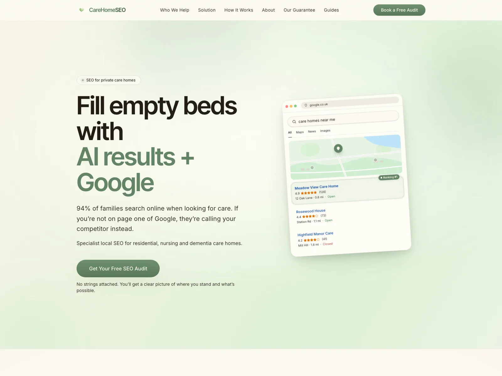 CareHomeSEO official website, captured 20 July 2026