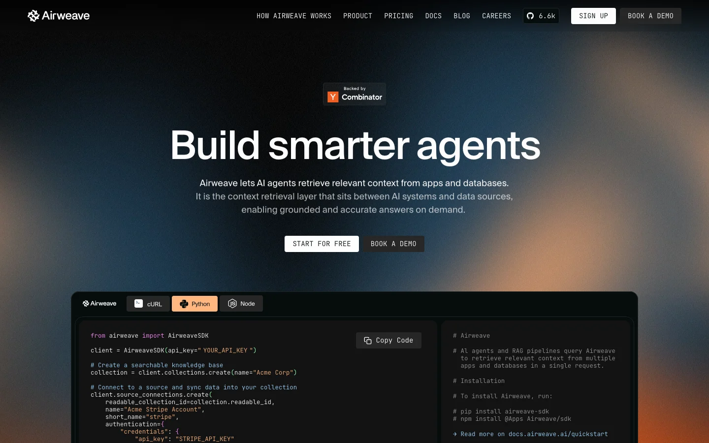Airweave official airweave.ai homepage presenting open-source context retrieval infrastructure for AI agents