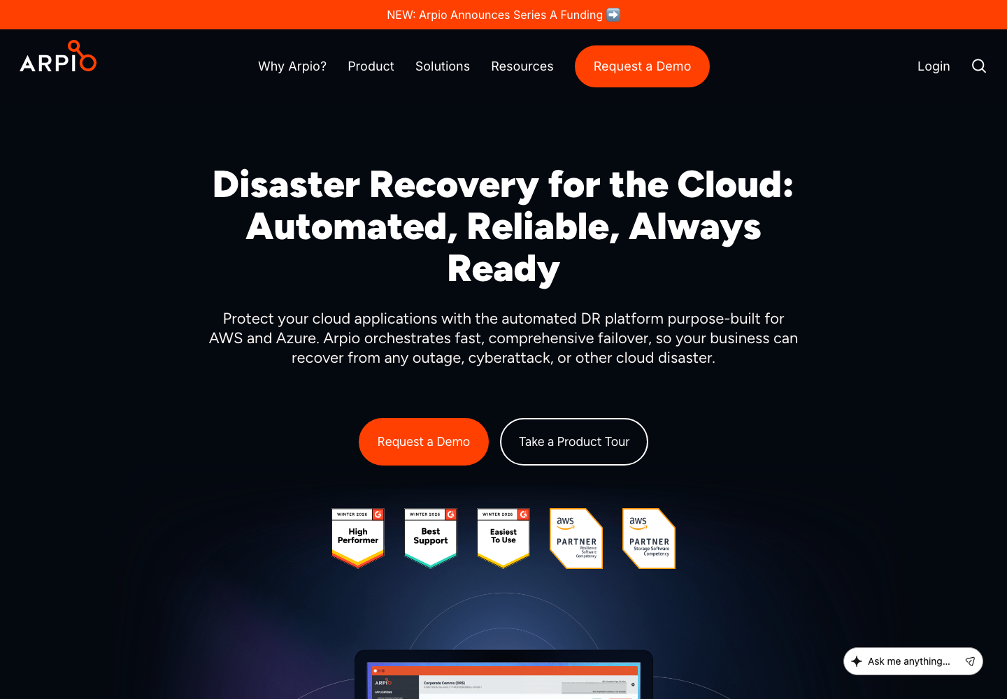 Arpio official homepage presenting its automated cloud disaster-recovery and ransomware-resilience platform