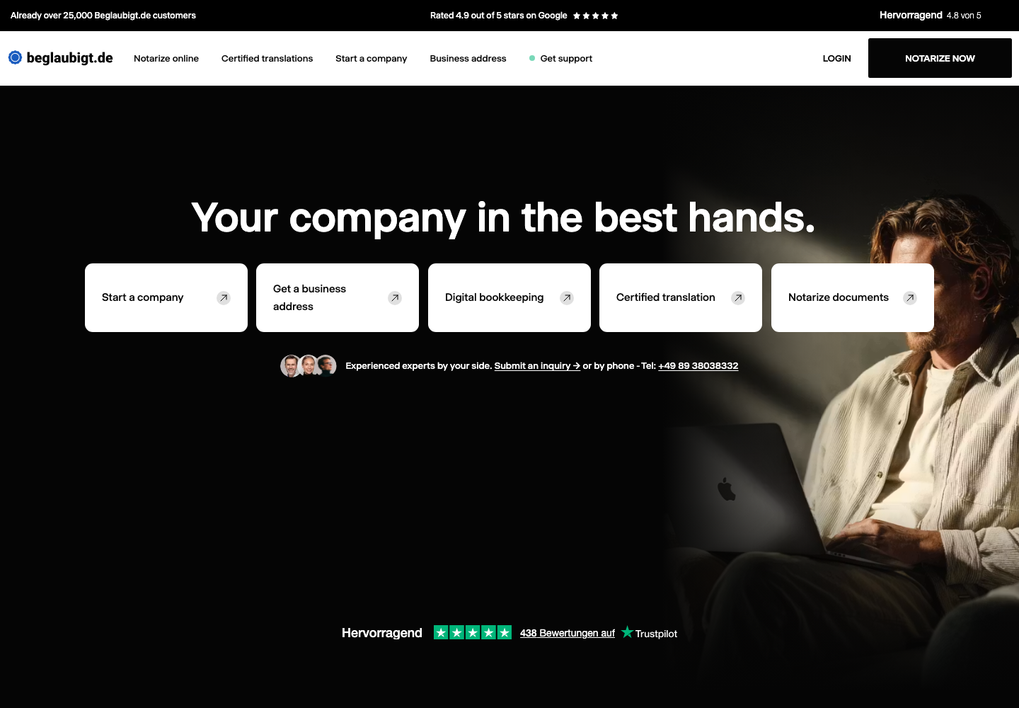 Beglaubigt.de official homepage presenting its digital notarisation and company-formation platform