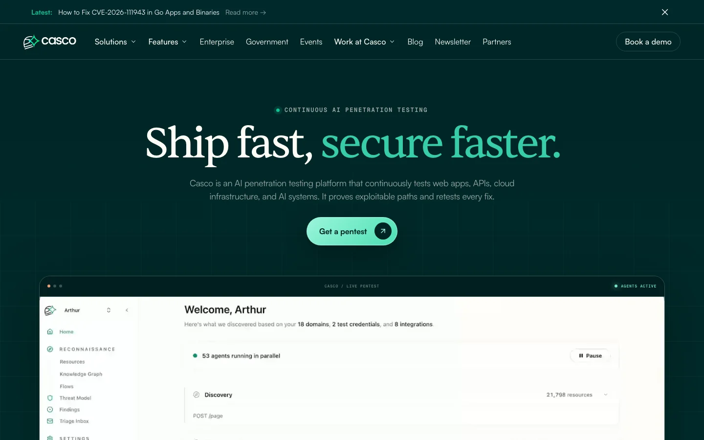 Casco official casco.com homepage presenting autonomous security testing and supervised penetration-testing software for web applications, APIs, cloud systems and AI agents