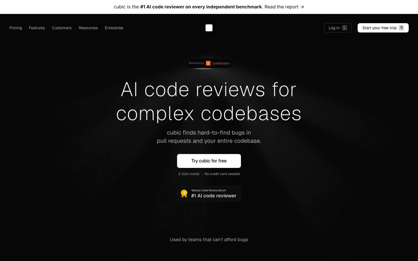 cubic official cubic.dev homepage presenting AI code-review software for GitHub pull requests and continuous codebase scanning