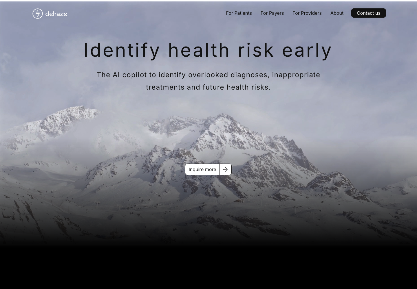 dehaze official homepage presenting its AI health-risk and clinical decision-support platform
