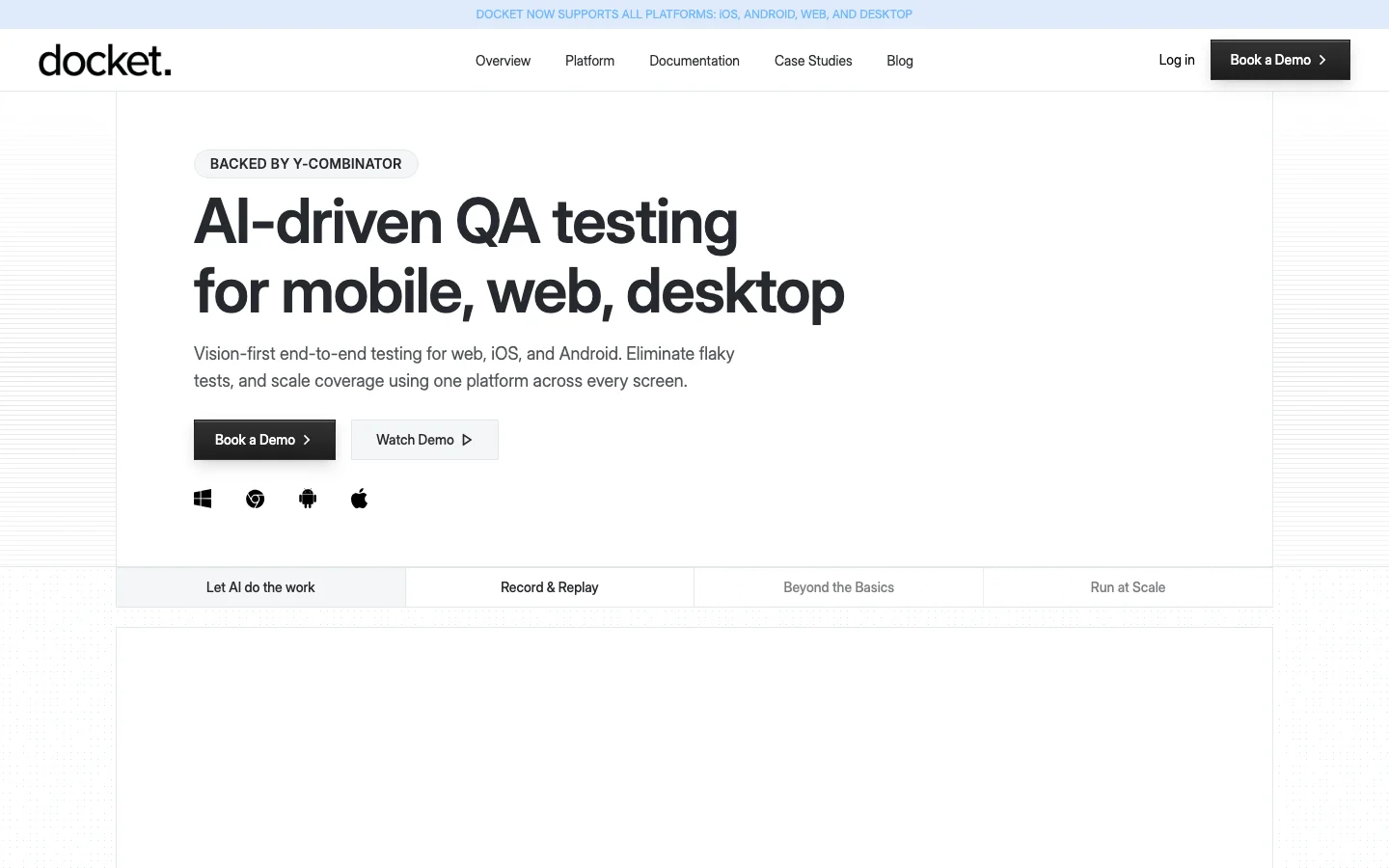 Docket official docketqa.com homepage presenting vision-first AI quality-assurance testing software for web, mobile and desktop applications