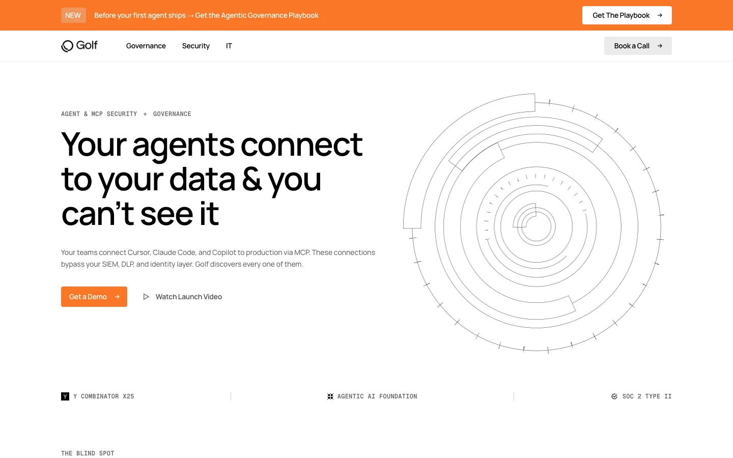 Golf official golf.dev homepage presenting enterprise security and governance software for AI agents and Model Context Protocol connections