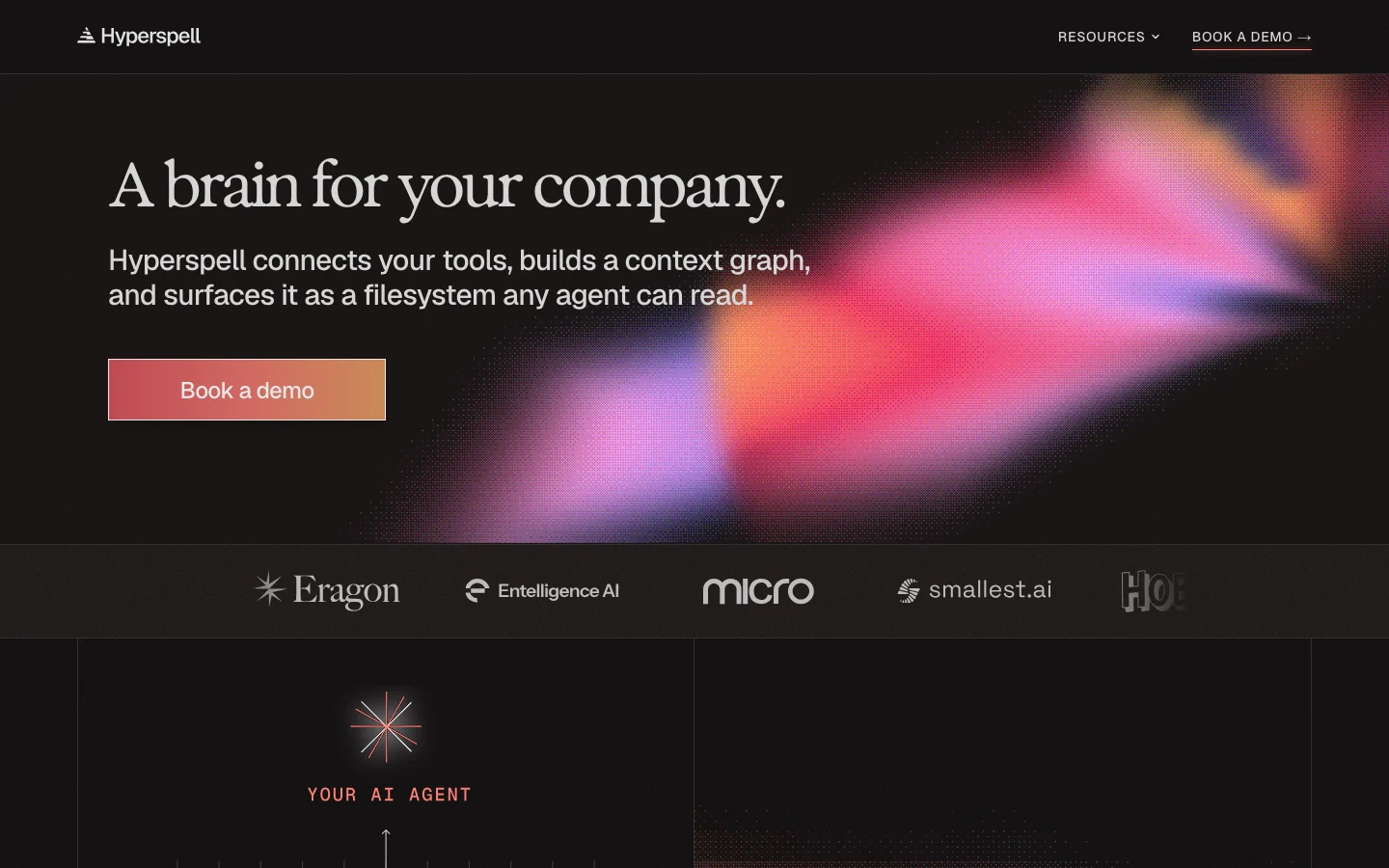 Hyperspell official hyperspell.com homepage presenting permission-aware company context and memory infrastructure for AI agents