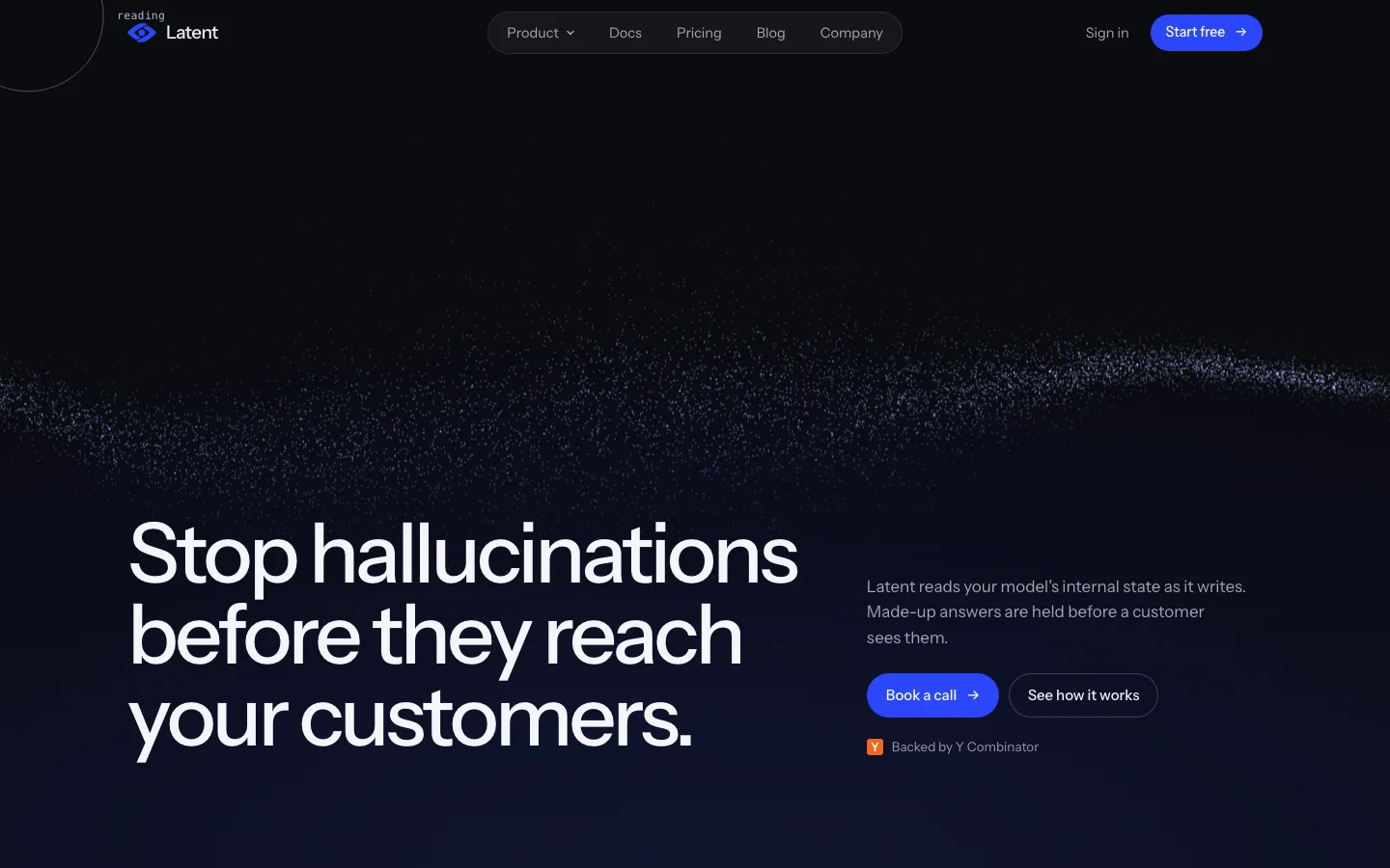 Latent official runlatent.ai homepage presenting runtime validation and intervention software for unsupported or incorrect language-model answers