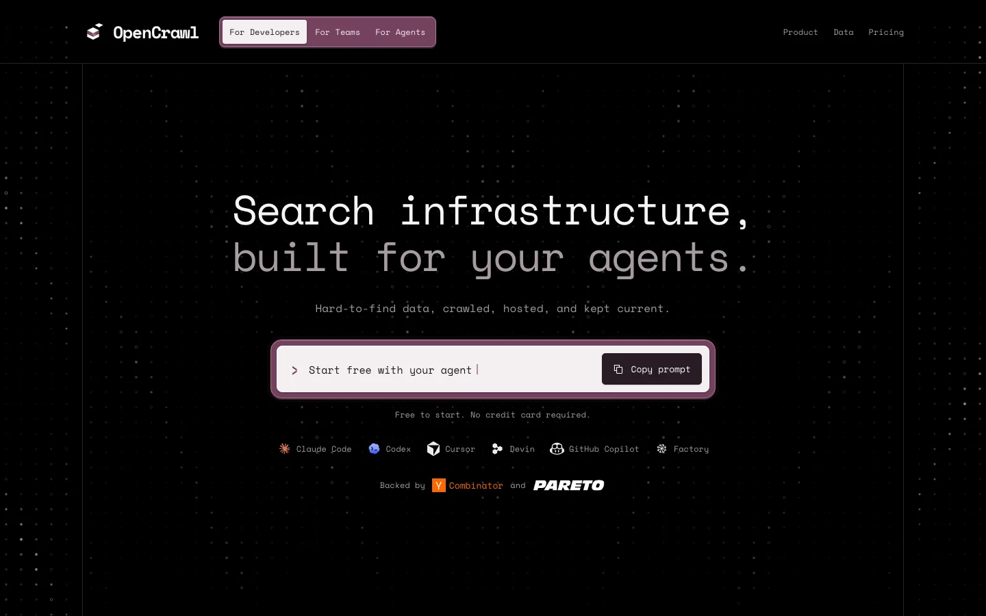 OpenCrawl official getopencrawl.com homepage presenting managed crawling, multimodal processing and hosted search infrastructure for AI agents