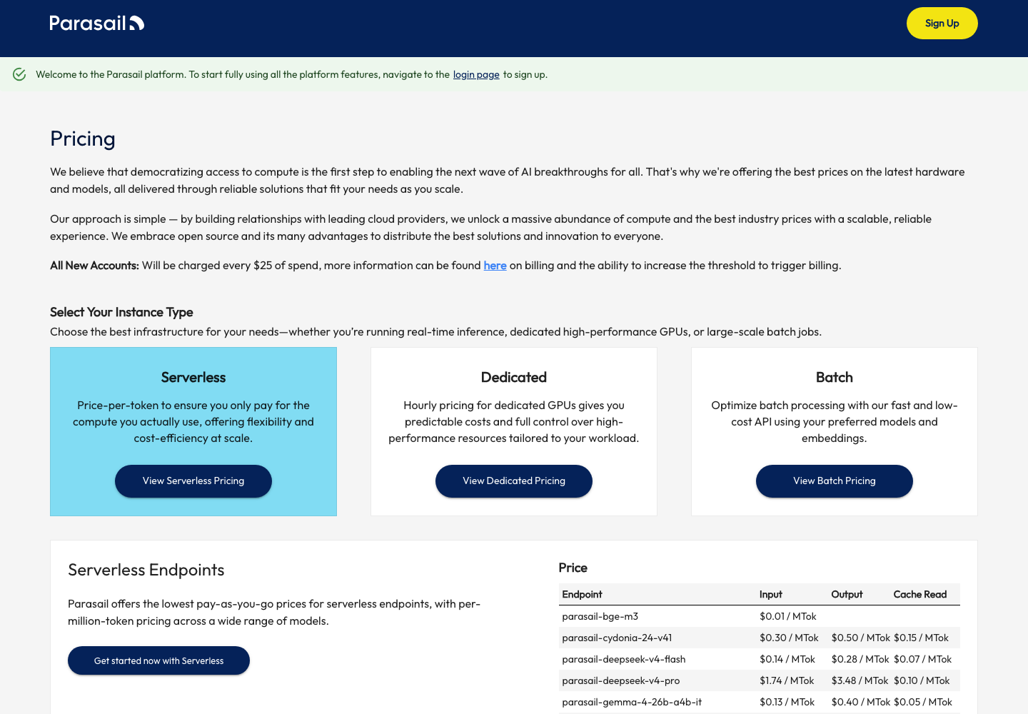 Parasail official pricing page showing serverless model rates