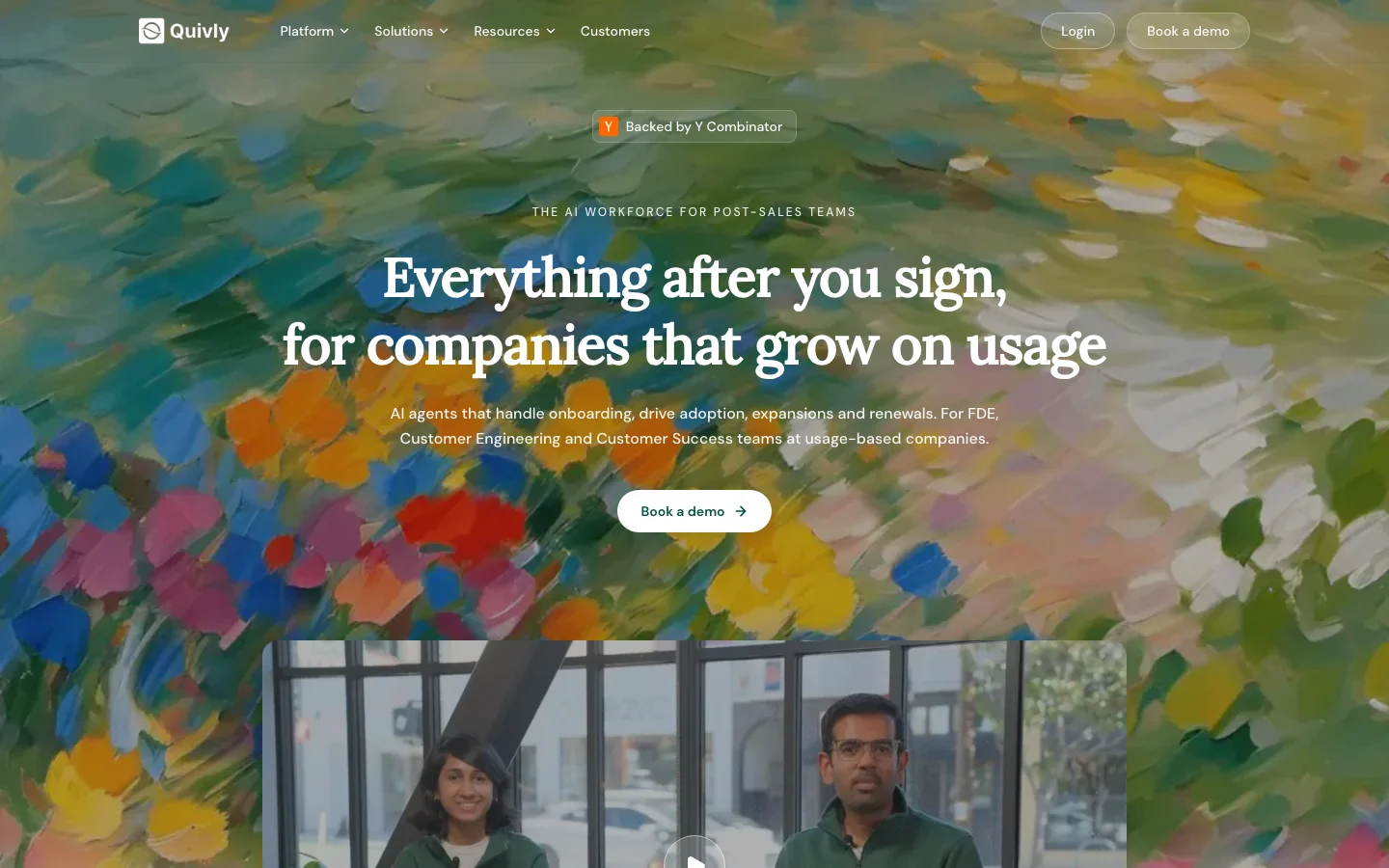 Quivly AI official quivly.ai homepage presenting an AI-powered post-sales workspace for customer onboarding, adoption, expansion and renewal workflows