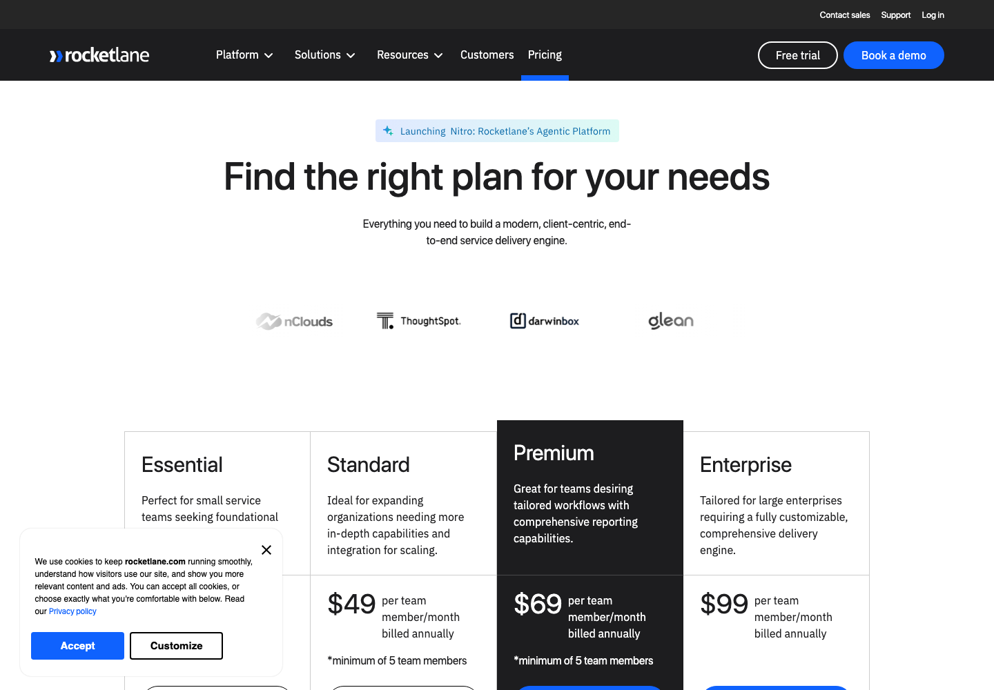 Rocketlane pricing page showing Essential, Standard, Premium and Enterprise plans