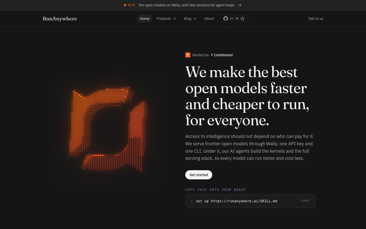 RunAnywhere official runanywhere.ai homepage presenting open-model inference software spanning the hosted Wally API, coding-agent CLI and open-source local SDKs