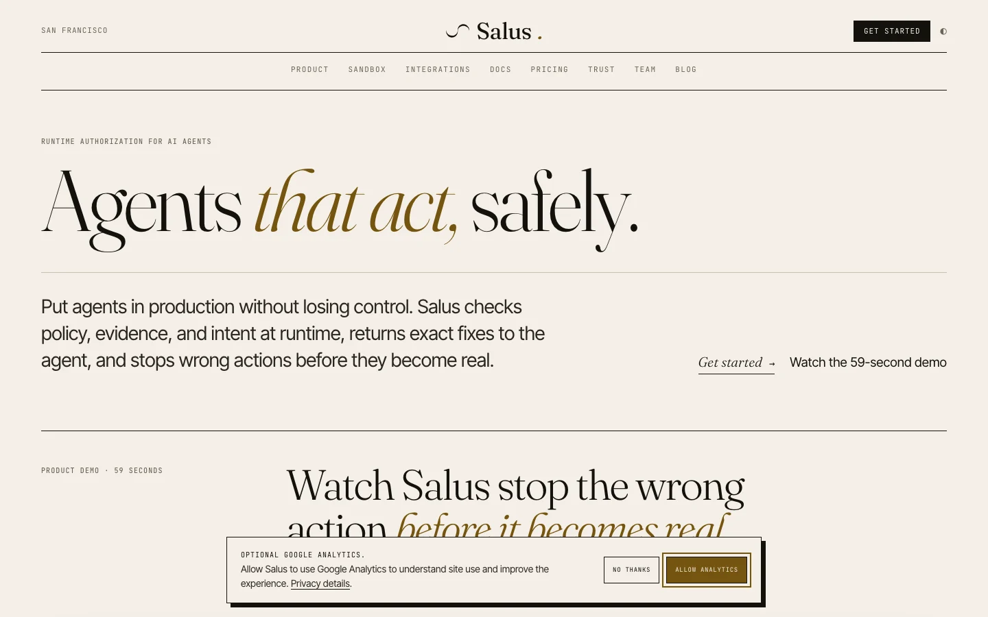 Salus official usesalus.ai homepage presenting runtime authorization and policy enforcement software for consequential AI-agent actions