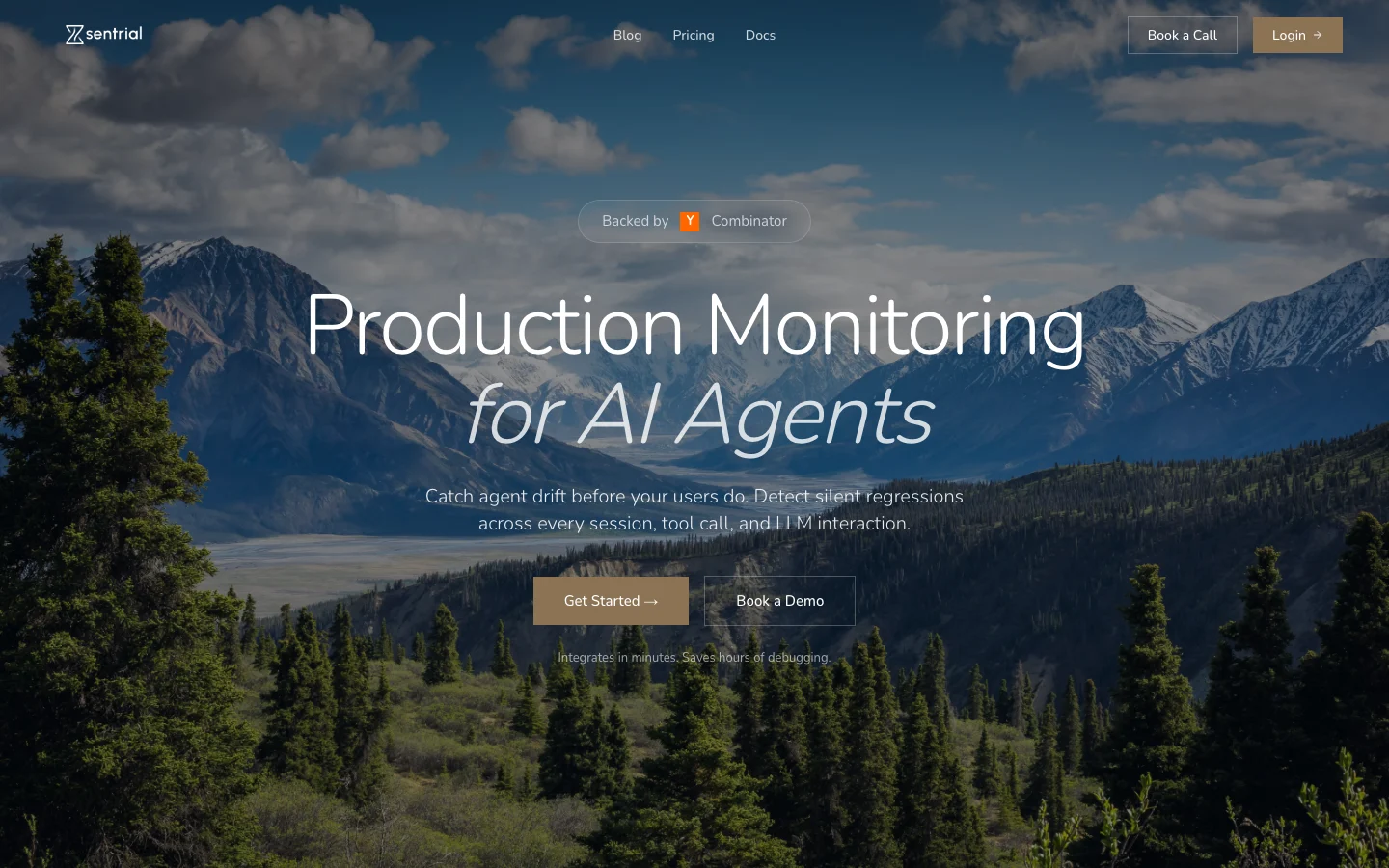Sentrial official sentrial.com homepage presenting production monitoring, evaluation and debugging software for AI agents