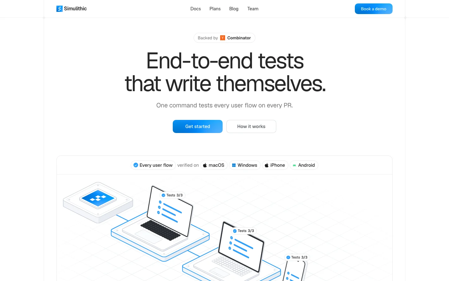 Simulithic official simulithic.com homepage presenting AI end-to-end testing and production monitoring across browsers, phones and native applications