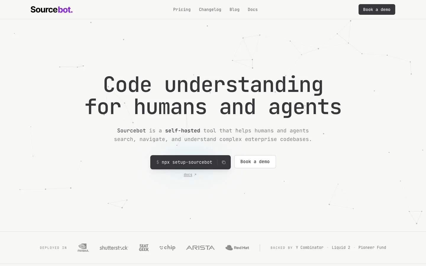 Sourcebot official sourcebot.dev homepage presenting self-hosted code search and code-context software for humans and AI agents