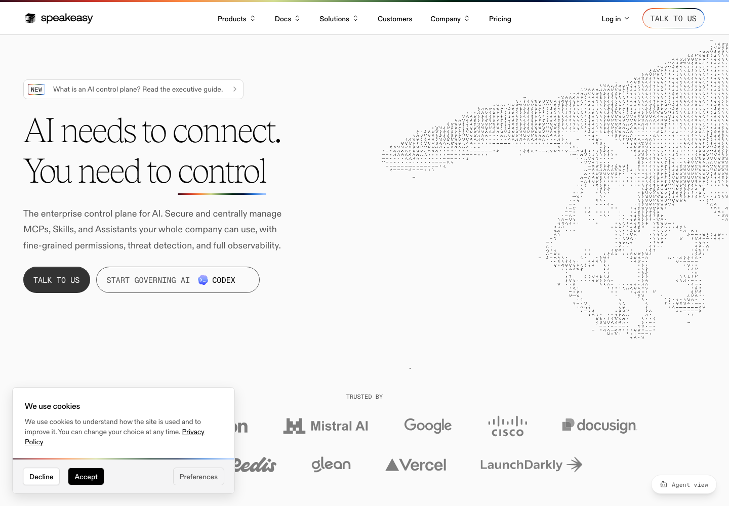 Speakeasy official homepage presenting its AI control plane and API developer-experience platform