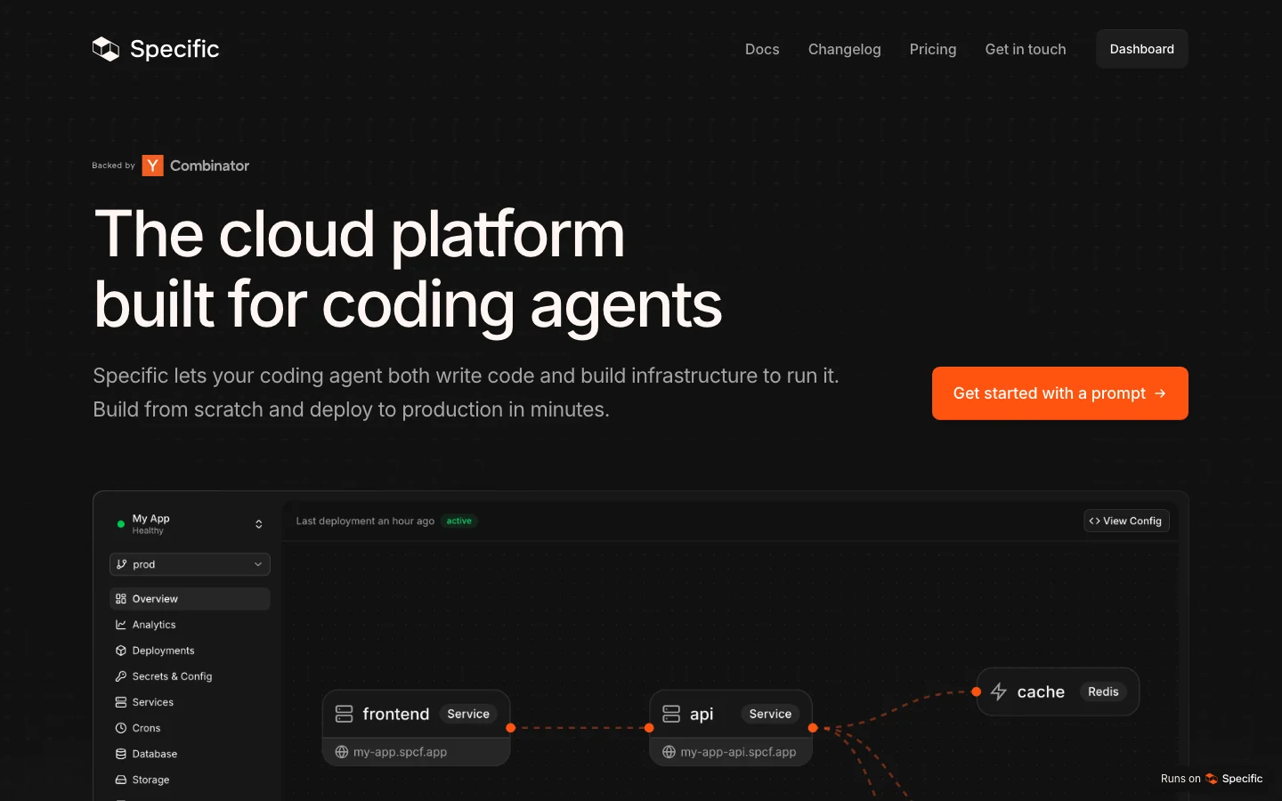 Specific official specific.dev homepage presenting an agent-first cloud platform for defining, developing, deploying and observing application infrastructure