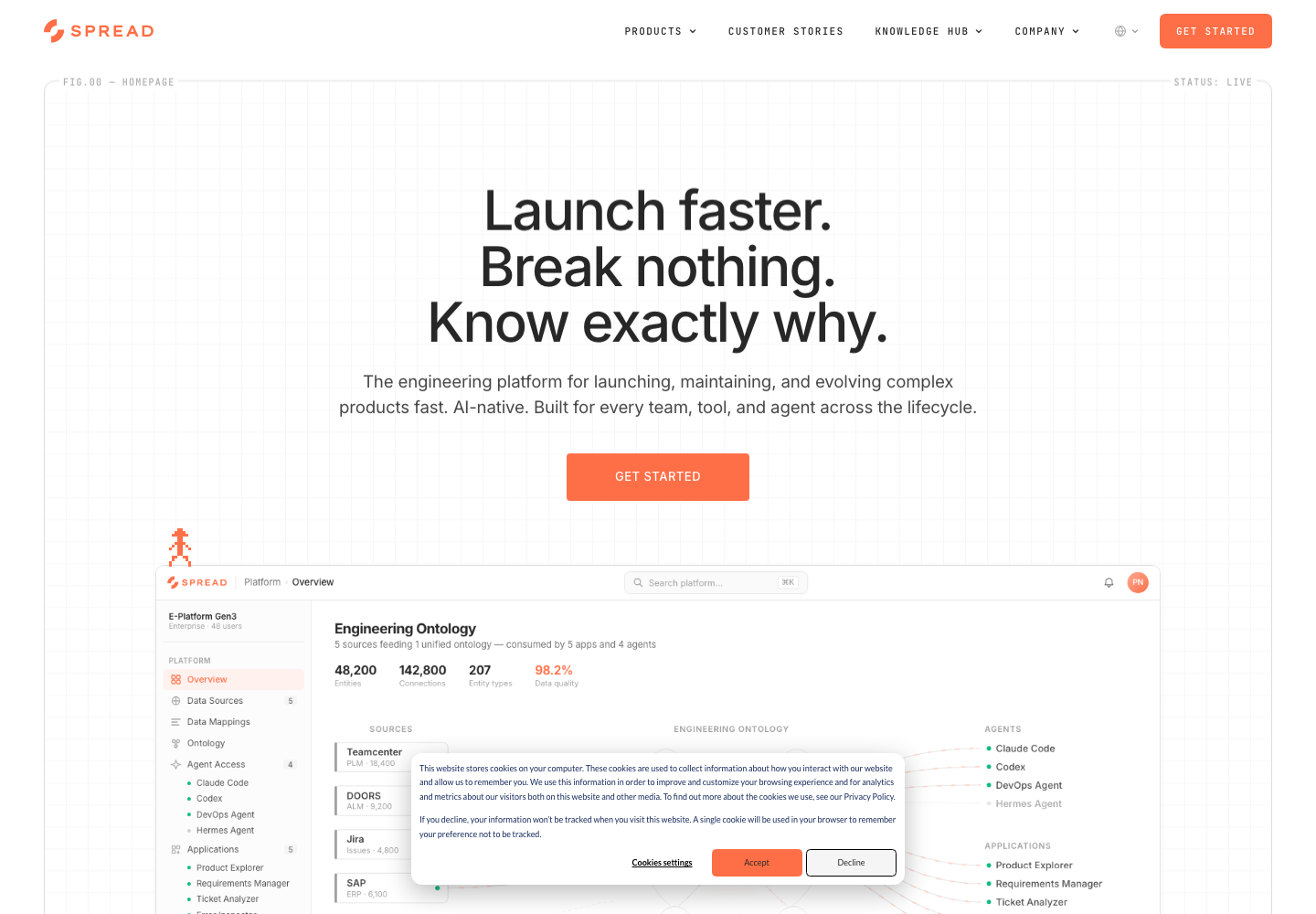 SPREAD AI official homepage presenting its engineering-intelligence platform for complex manufactured products