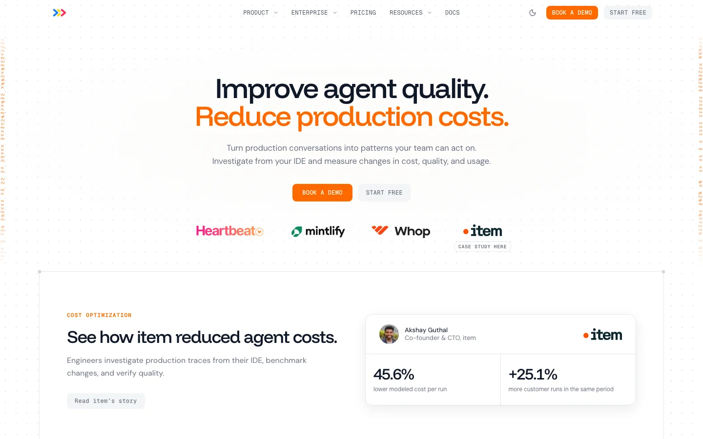 The Context Company official thecontextcompany.com homepage presenting production observability, pattern detection and improvement software for AI agents