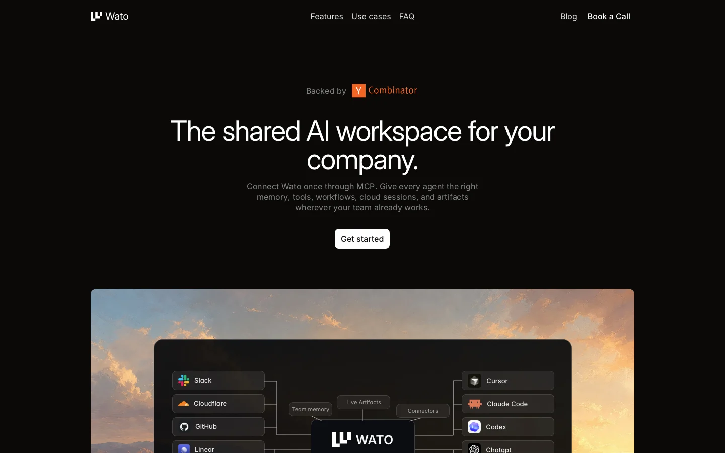 Wato official watolabs.com homepage presenting a governed shared workspace for AI-agent memory, MCP tools, workflows, cloud sessions and audit trails